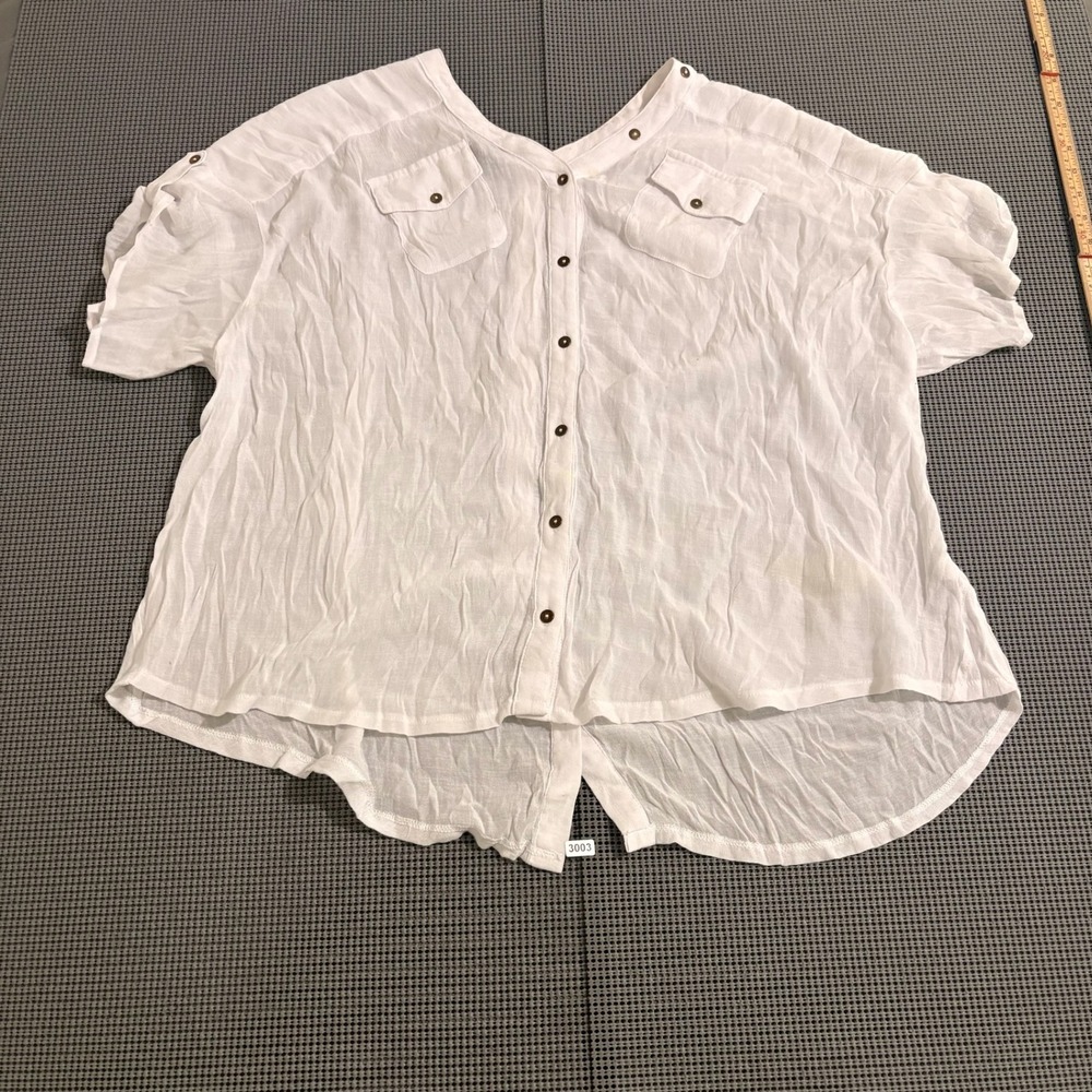 Alfani Womens White Crinkle Button Down Roll Tab Sleeve Blouse Size L